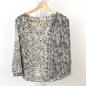 JOIE  XS Silk Blouse Top 3/4 Sleeve Animal Print Snakeskin Black Gray White